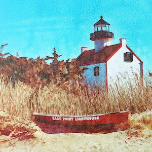 Oprawiony wydruk artystyczny: Latarnia morska East Point w New Jersey nad zatoką Delaware, kolorowy wydruk Giclée w stylu akwareli