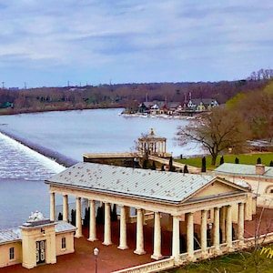 Framed Art Print: Philadelphia Fairmount Water Works and Boathouse Row on the Schuylkill River, a watercolor reproduction