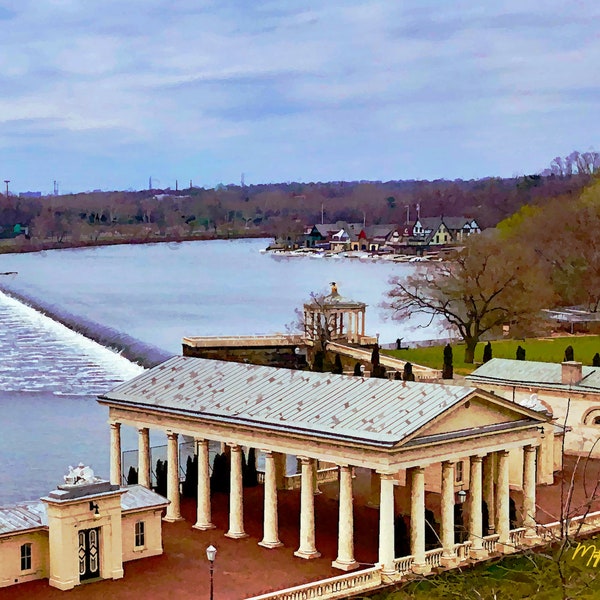 Framed Art Print: Philadelphia Fairmount Water Works and Boathouse Row on the Schuylkill River, a watercolor reproduction