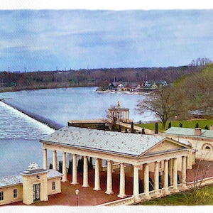Art Print: Philadelphia Fairmount Water Works and Boathouse Row on the Schuylkill River, a watercolor reproduction