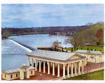 Art Print: Philadelphia Fairmount Water Works and Boathouse Row on the Schuylkill River, a watercolor reproduction