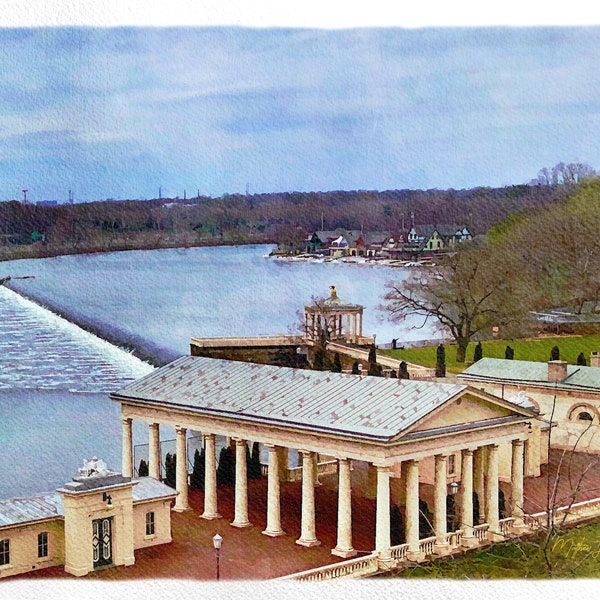 Art Print: Philadelphia Fairmount Water Works and Boathouse Row on the Schuylkill River, a watercolor reproduction