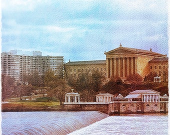 Art Print: Philadelphia Art Museum, Fairmount Dam and Water Works on the Schuylkill River, a watercolor reproduction