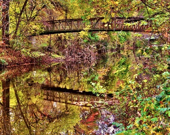 Art Print: Reflecting Footbridge Over the Wissahickon Creek in Autumn, A Metallic Philadelphia Photo Reminiscent of Monet