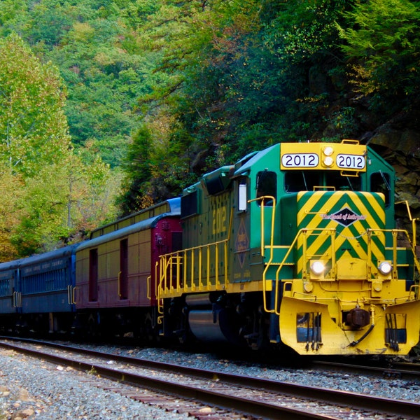 Art Print: Diesel Train Engine in the Autumn, a metallic color railroad photo