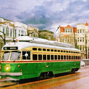 Wydruk artystyczny: Zabytkowy tramwaj w Filadelfii, z wagonem tramwajowym Septa w stylu retro, reprodukcja akwarelowa