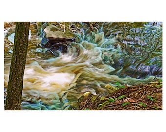 Art Print: Colorful Stream Swirls Over a Small Waterfall, A long-exposure color photograph