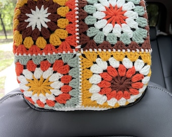 Crochet Car Headrest Cover: Granny Square Style
