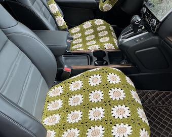 Coprisedile per auto all'uncinetto con girasole: decorazione per interni auto fatta a mano