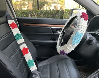 Handgefertigt gehäkelte Blume Auto-Lenkradbezug (14-15 Zoll)