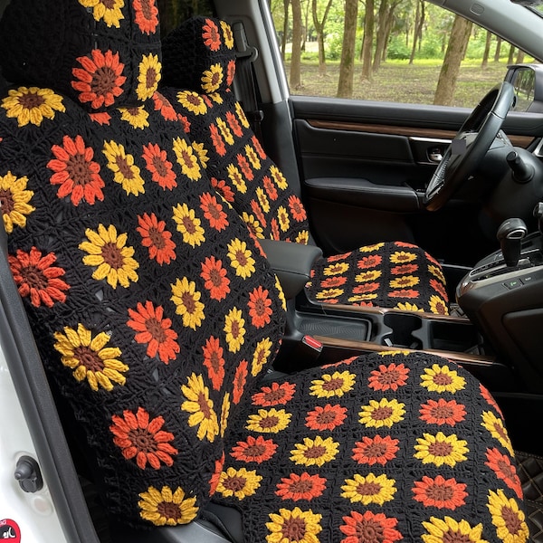 Car Seat Covers,Handmade Crochet Car Front Seat Covers Set,Sunflower Flower Seat covers,Cute Car Covers,Car interior Accessorie Decorations
