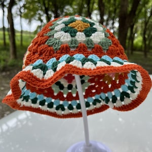 Crochet Bucket Hat,Handmade Rainbow Flower Hat, Crochet, Knit Flower, Crochet Floral Hat, Granny Square Hat, Knitted Beanie, Colorful Hat