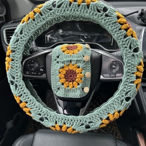 Lenkradbezüge, gehäkelte Sonnenblumen-Lenkradabdeckung, niedliche Lenkradabdeckungen, Sicherheitsgurtabdeckung, Autoinnenraumzubehör Dekorationen