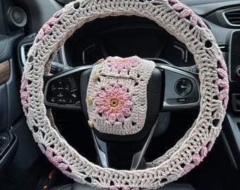 Crochet Sunflower Steering Wheel Cover: Handmade Car Accessory (14-15 inch)