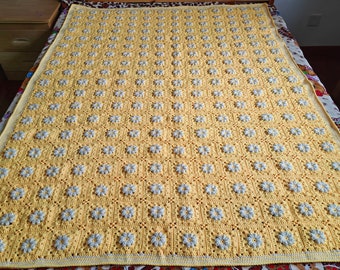 Handmade Crochet Daisy Granny Square Blanket: Yellow Flower Afghan (55x75 inch)