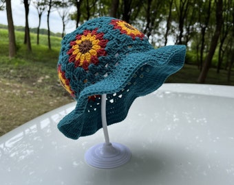 Handmade Crochet Sunflower Granny Square Bucket Hat