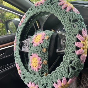 Lenkradabdeckung, gehäkelte Sonnenblumen-Lenkradabdeckung, niedliches Lenkradabdeckung, Sicherheitsgurtabdeckung, Autoinnenzubehördekorationen