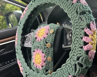 Crochet Sunflower Steering Wheel Cover: Car Interior Accessories
