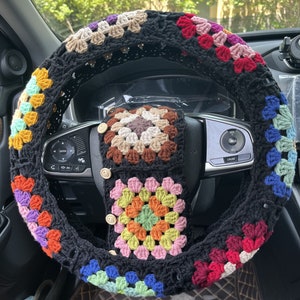Lenkradabdeckung, gehäkelte Oma Platz bunte Lenkradabdeckung, Sicherheitsgurtabdeckung, niedliche Lenkradabdeckung, Autoinnendekorationen