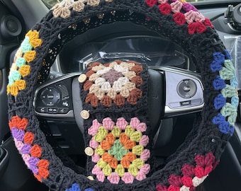 Crochet Granny Square Steering Wheel Cover: Colorful Car Decor