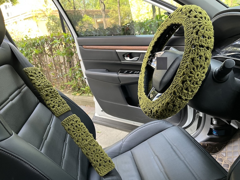 Handmade Crochet Steering Wheel Cover: Sunflower Car Accessories C,A+2 belt Covers