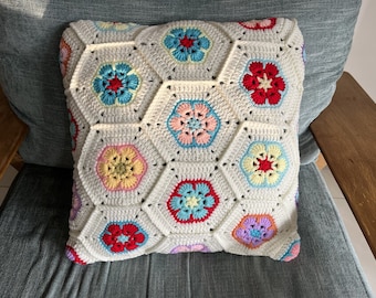 Floral Crochet Pillow Cover: Granny Square Cushion, Home Decor (15.75")