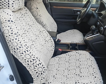 Car Seat Covers,Handmade Crochet Car Front Seat Covers Set,Sunflower Flower Seat covers,Khaki Car interior Accessorie Decorations