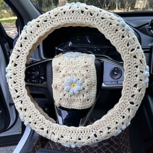crochet car steering wheel cover,universal steering wheel cover,knitted steering wheel cover,Light Yellow daisy steering wheel cover cute