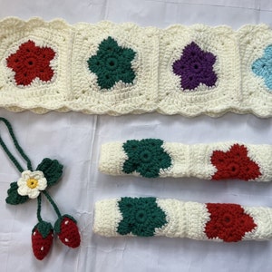 Steering Wheel Cover,Crochet Colorful Stars Steering Wheel Cover,colorful flower seat belt Cover,Car interior Accessories decorations