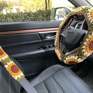 Coprivolante, Coprivolante a forma di girasole all'uncinetto, Copricintura di sicurezza, Coprivolante carino, Decorazioni per accessori interni auto