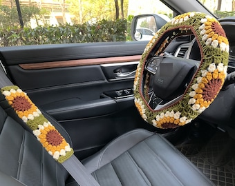 Crochet Sunflower Steering Wheel Cover: Car Interior Accessories