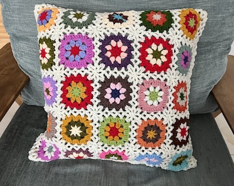 Granny Square Crochet Pillow Cover: Colorful Vintage Cushion (20x20 inches)