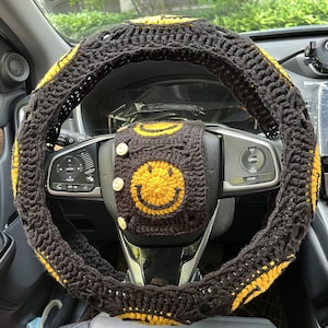 crochet car steering wheel cover,universal car steering wheel cover,Smiling face steering wheel cover,Black steering wheel cover cute
