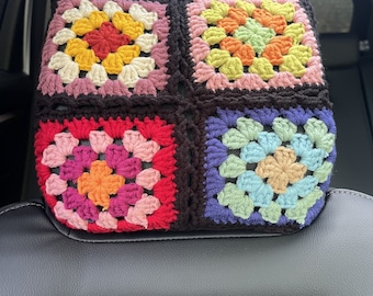 Crochet Granny Square Car Headrest Cover: Colorful Auto Accessory