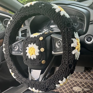 Sonnenblume Auto Lenkradabdeckung, häkeln Lenkradabdeckung, Blumensicherheitsgurtabdeckung, Autoinnenzubehördekorationen