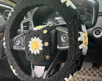 Crochet Sunflower Car Steering Wheel Cover: Auto Interior Decor