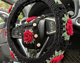 Crochet Roses Car Steering Wheel Cover, Women's Car Accessories