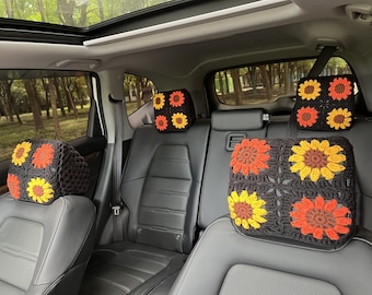 Crochet Sunflower Car Headrest Cover: Handmade Auto Accessory