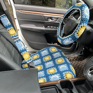 Fundas para asientos de coche, funda de cojín para asiento delantero inferior de coche con diseño de sol y luna de crochet, funda decorativa para coche, bonita funda para coche, accesorios decorativos para el interior del coche