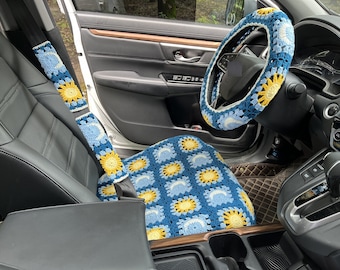 Coprisedile per auto all'uncinetto con girasole: decorazione per interni auto in stile bohémien
