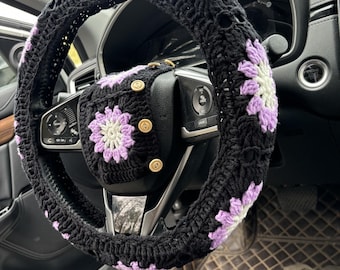 Gehäkelte Sonnenblume Lenkrad Abdeckung, Blume Sicherheitsgurt Abdeckung, Auto Spiegel Anhänger, Auto Untersetzer, Häkeln niedlichen Auto Zubehör Innendekor