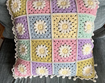 Daisy Crochet Pillow Cover: Granny Square Floral Cushion