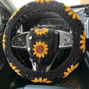 gehäkelte Lenkradabdeckung, Sonnenblume Gehäkelte Sitzgurtabdeckung, niedliche Lenkradabdeckung Sonnenblume, Autoinnenzubehördekorationen