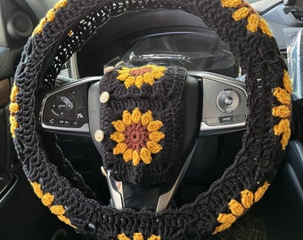 Crochet Sunflower Steering Wheel Cover: Car Interior Accessories