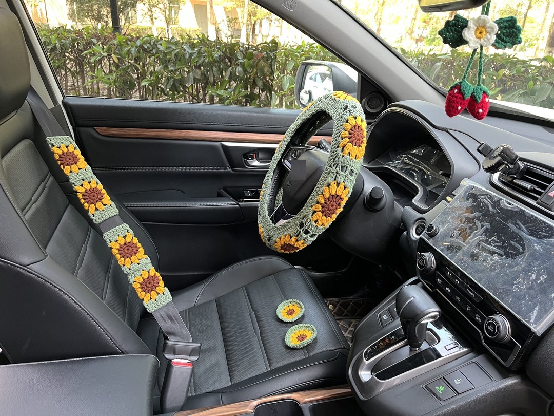 Dark Green Steering Wheel Covercrochet Sunflower Steering Etsy