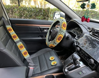 Dark Green Steering Wheel Cover,Crochet Sunflower Steering Wheel Cover,Cute Steering Wheel Cover,Car interior Accessories decorations