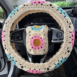 crochet steering wheel cover,universal steering wheel cover,knitted Sunflower steering wheel cover,Lightyellow steering wheel cover cute