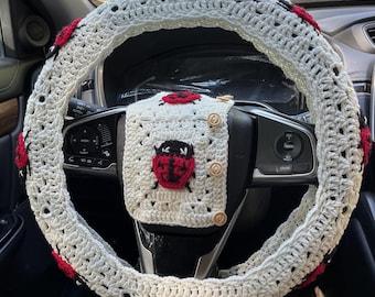 Crochet Ladybug Car Accessories: Steering Wheel Cover & Seatbelt Cover