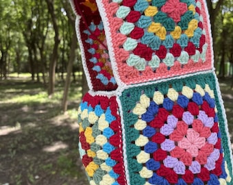 Handmade Crochet Granny Square Balaclava: Colorful Winter Hoodie