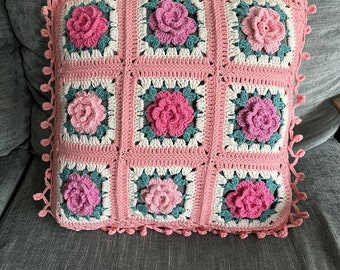 Rosen häkeln Kissenbezug: Vintage Oma Quadrat Blumenkissen